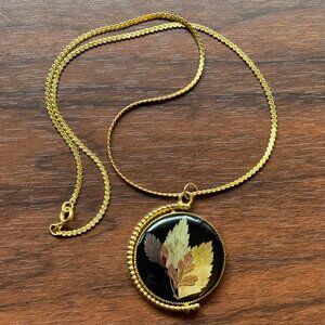 Double Sided Gold Tone Resin Leaf Necklace